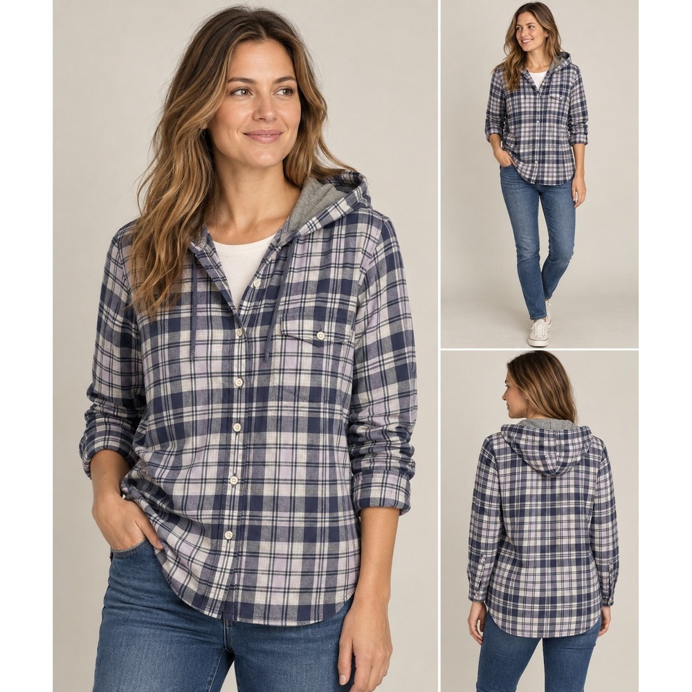 L.L. Bean Hooded Flannel Shirt Size L Purple Plaid Cotton Jersey Lined 500906